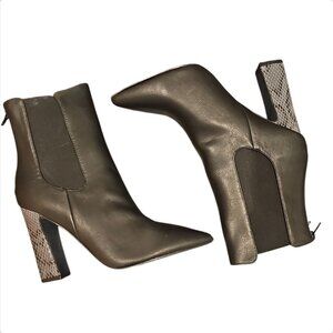 Black Faux Leather Ankle Boots With Snakeskin Block Heels & Back Zipper – Stylis